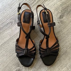 CLARKS Black Leather / Cork Wedges